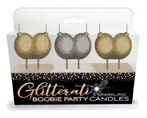 Glitterati Boobie Candle Set contains 3 pairs of gold and silver boobies