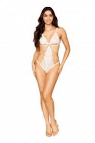 Stretch Lace Teddy with Pearls and Chain White O/S