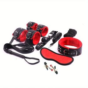 BDSM Bondage Set; Erotic Bed Games; Adults Handcuffs; Nipple Clamps; Whip Spanking Anal Plug Vibrator SM Kit; Sex Toys For Couples (Color: Red)