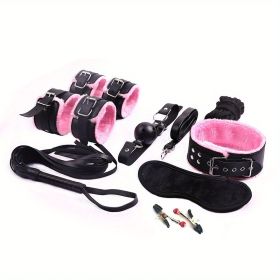 BDSM Bondage Set; Erotic Bed Games; Adults Handcuffs; Nipple Clamps; Whip Spanking Anal Plug Vibrator SM Kit; Sex Toys For Couples (Color: Pink)