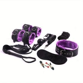 BDSM Bondage Set; Erotic Bed Games; Adults Handcuffs; Nipple Clamps; Whip Spanking Anal Plug Vibrator SM Kit; Sex Toys For Couples (Color: Purple)
