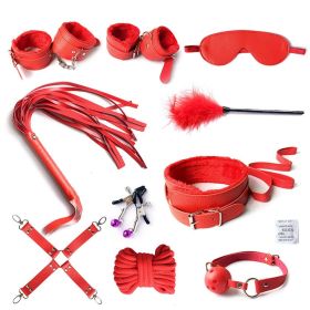 SM Bondage Restraint Set Sex Handcuffs Whip Anal Beads Butt Plug Anal Plug Bullet Vibrator Sex Toys for Woman Adult S&M Fetish (Color: PU-red-10pcs)